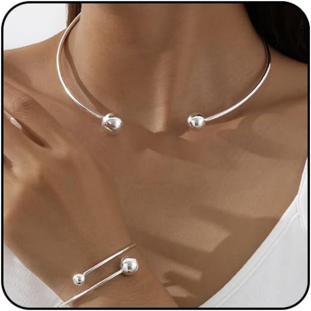 Women Silver Style4 Trendy Silver Choker Open Round Collar Choker Metal Necklace